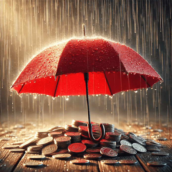 An open red shade protects a group of coins from the rain